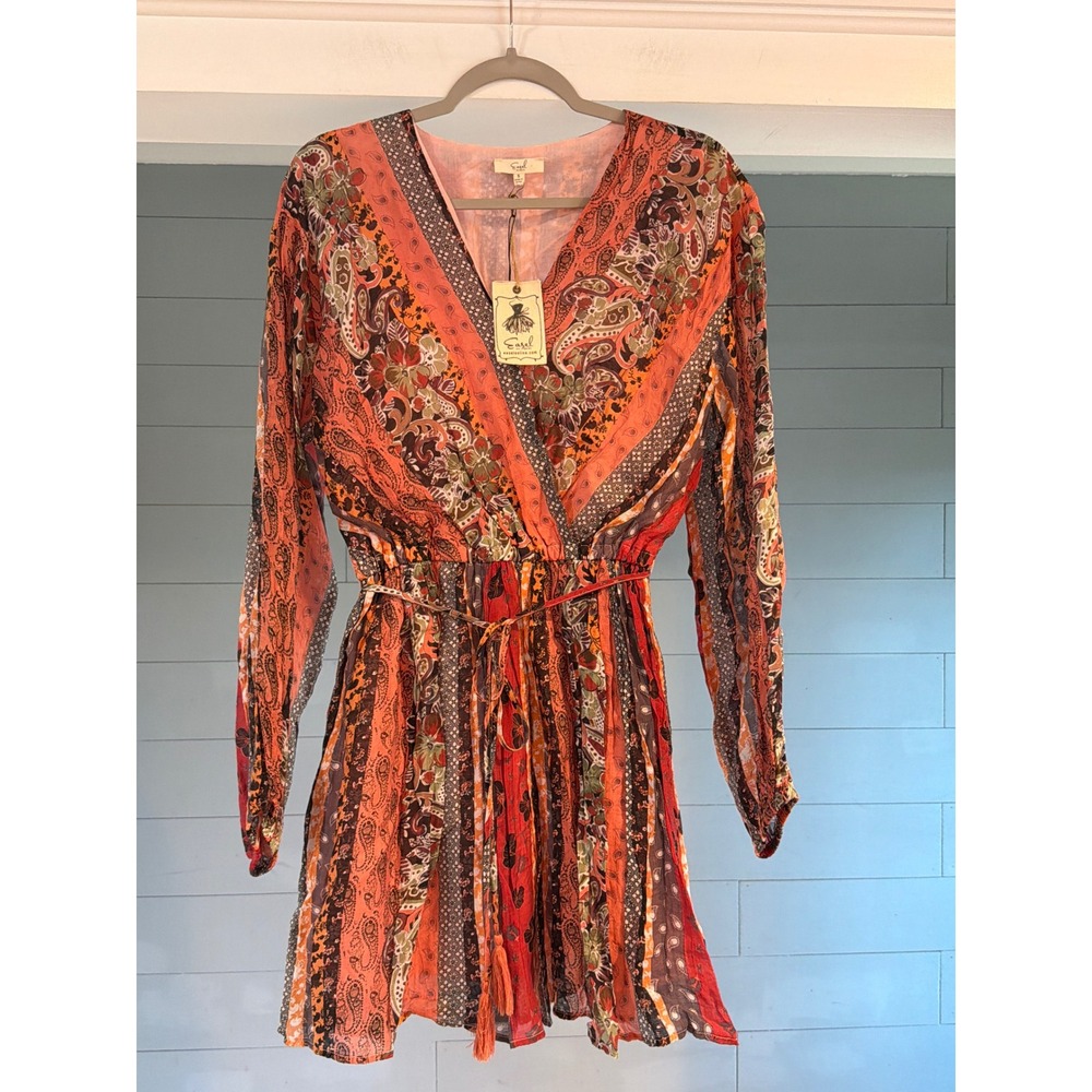 Easel Los Angeles Patchwork Paisley Boho Mini Dress Orange Red Tassel Belt Small